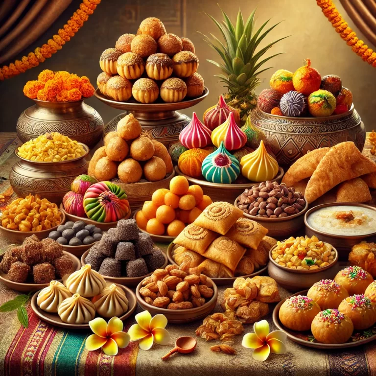 A realistic image featuring a variety of Ganesh Chaturthi recipes displayed on a traditional Indian table