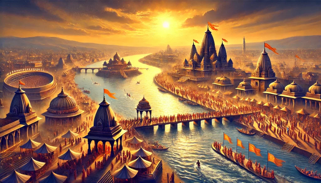 A breathtaking digital painting of Prayagraj’s Triveni Sangam during Maha Kumbh Mela 2025, featuring devotees taking a holy dip in the Sangam at sunrise