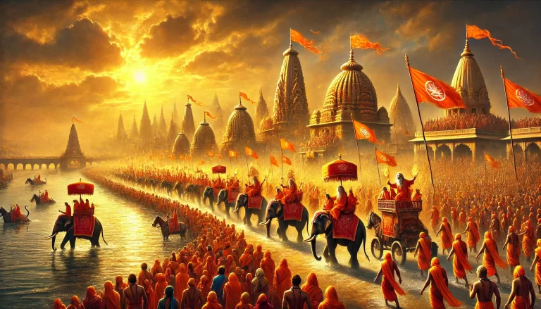 A-vibrant-digital-painting-of-the-Akharas-at-Kumbh-Mela-2025-featuring-Naga-Sadhus-leading-the-Shahi-Snan-procession-covered-in-ash.-Saints-on-eleph