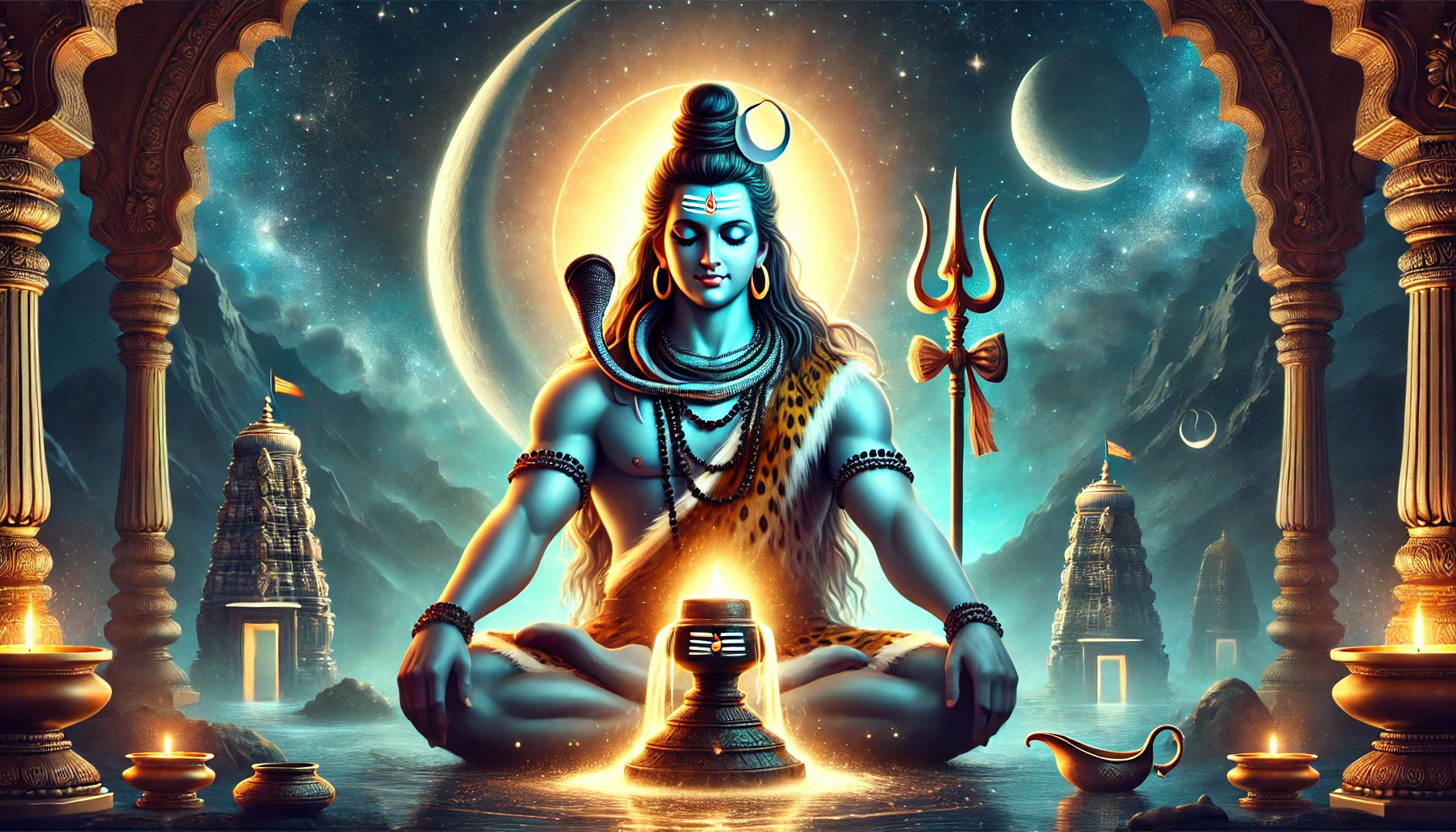 divine depiction of Lord Shiva meditating in a tranquil cosmic setting. He is seated in a serene pose with a glowing Shivling in front of him, symbolizing Maha Shivratri. His trident (trishul) stands beside him, and a crescent moon shines on his forehead. The holy river Ganga flows from his matted hair, signifying purity and wisdom. The background features mystical blue and golden hues, enhancing the spiritual aura, with subtle temple elements in the distance, creating a divine ambiance for Maha Shivratri celebrations.