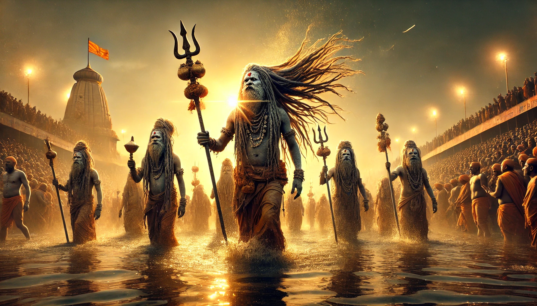 A-powerful-digital-painting-of-Naga-Sadhus-at-Maha-Kumbh-Mela-2025.-Ash-covered-ascetics-with-long-matted-hair-carrying-tridents-and-conch-shells-le