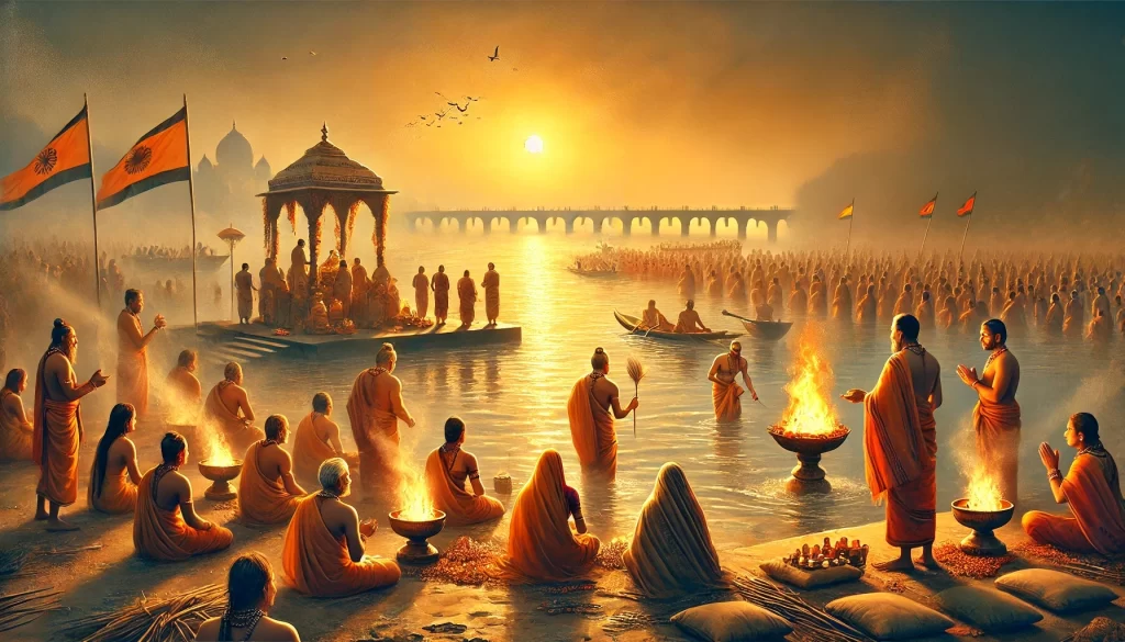 A-serene-digital-painting-of-rituals-being-performed-at-Triveni-Sangam-during-Maha-Kumbh-Mela-2025.-Devotees-taking-a-holy-dip-in-the-golden-waters-of.