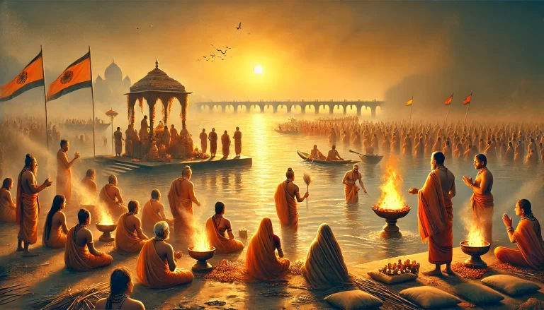 A-serene-digital-painting-of-rituals-being-performed-at-Triveni-Sangam-during-Maha-Kumbh-Mela-2025.-Devotees-taking-a-holy-dip-in-the-golden-waters-of.