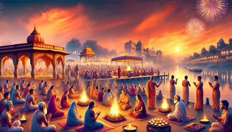 A vibrant digital painting of Maha Kumbh Mela 2025 showcasing various sacred activities beyond the holy dip. Devotees attending spiritual discourses