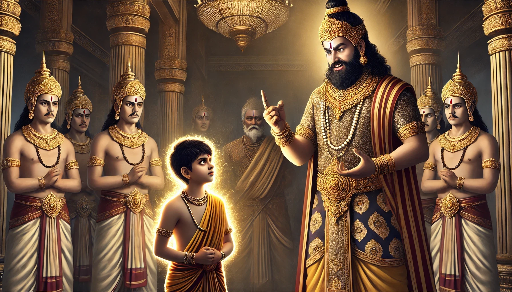 King Hiranyakashipu, depicted in traditional Hindu mythology style, angrily ordering his guards to punish young Prahlad. Hiranyakashipu wears royal Indian attire with gold jewelry and a crown, standing in his grand palace with an imposing expression. Prahlad, a young boy dressed in simple dhoti, remains calm and fearless, glowing with divine energy. The guards, dressed as ancient Indian warriors, stand ready to obey the king’s command. The atmosphere is tense, symbolizing the clash between faith and tyranny. No glasses on any character, ensuring historical accuracy.